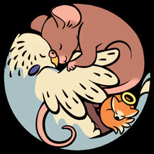 Profile icon featuring a bird, a mouse, and a fox all snuggled up together